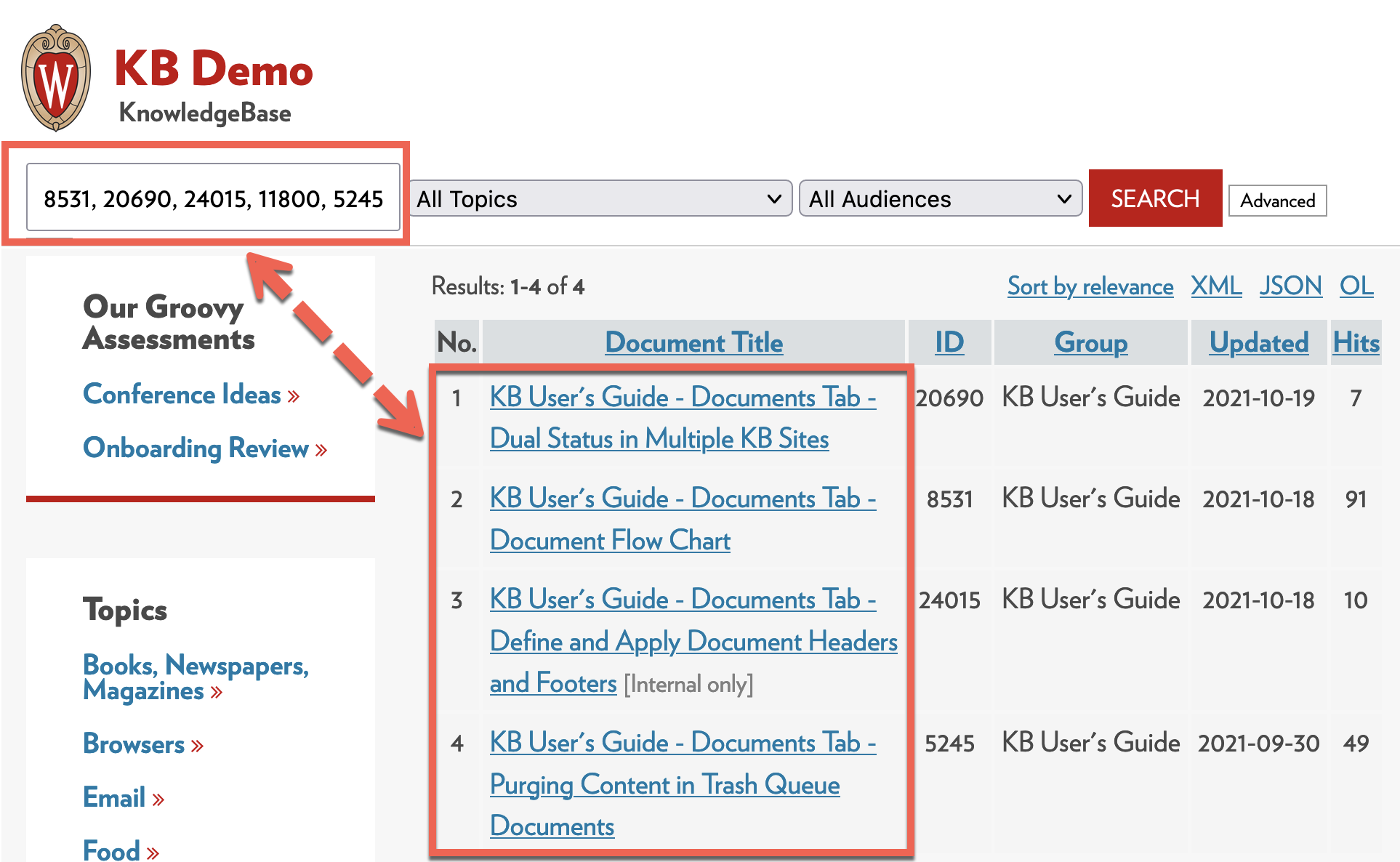 search results showing the comma delimited doc IDs on a KB live site