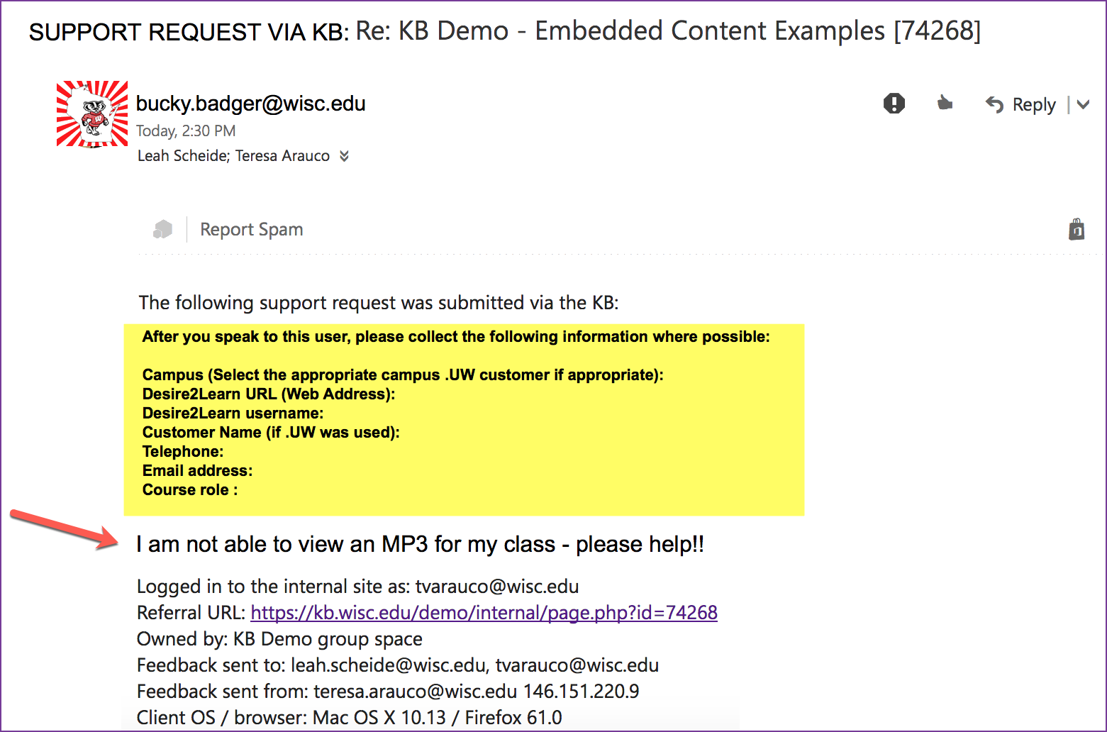 Feedback email displaying the highlighted email prefix and a red arrow pointing to end user feedback