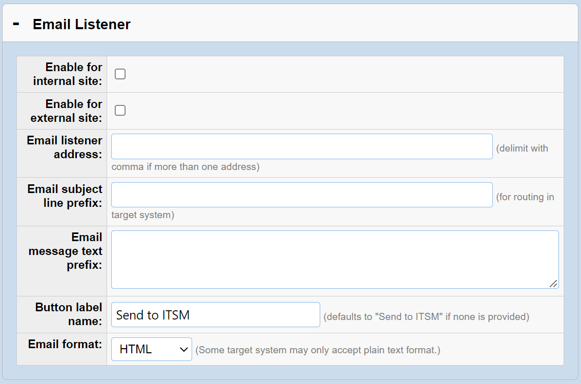 Email Listener settings with options for site access, email address, subject, email message, button label, and email format