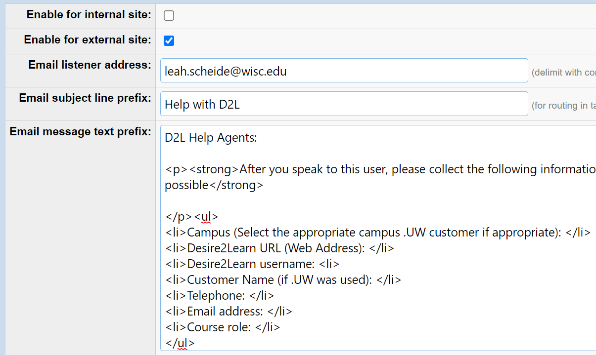 Email listener settings with the email message text prefix field containing html styled content