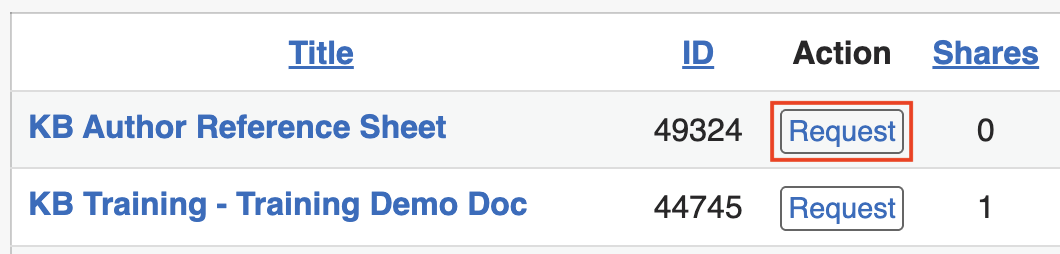 The Request button is located in the Action column, which is the third column in the results table.