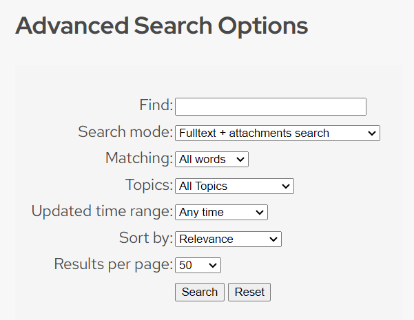 The Advanced Search Options page.