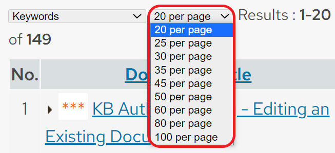 The page limit dropdown is circled in red on the search results page.