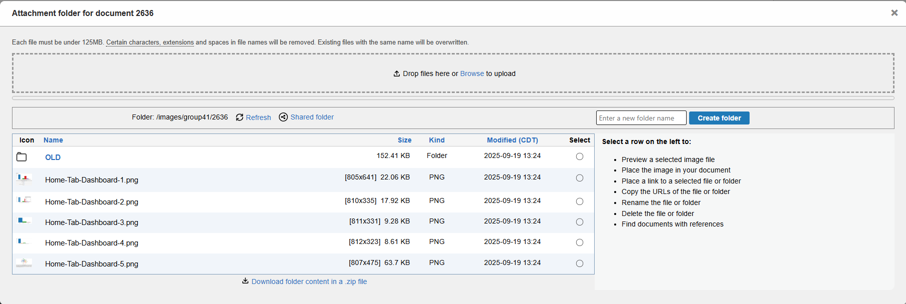 Modal window popup of the document attachment screen