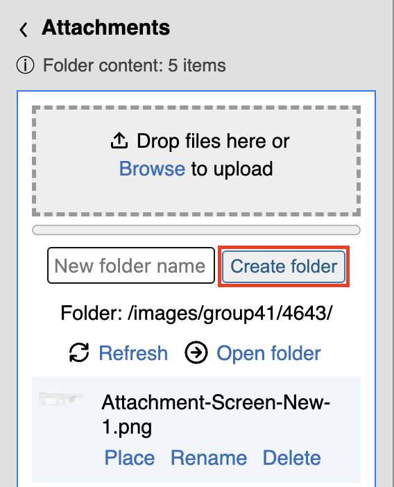 The attachments section of the edit screen side panel with the create folder button surrounded by a red rectangle.