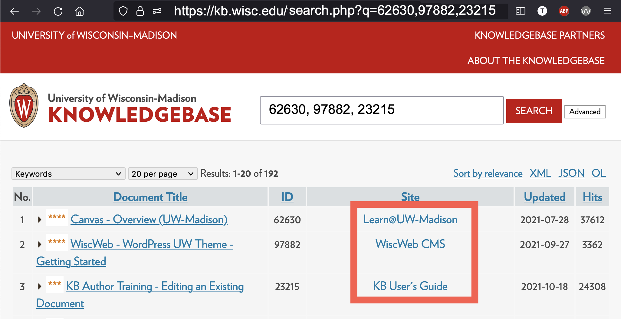 Unified KB results showing an updated url with the document ids that matched the searched cleanurl
