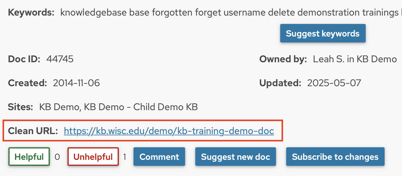 The Clean URL entry in the document information section will appear after the Sites entry.