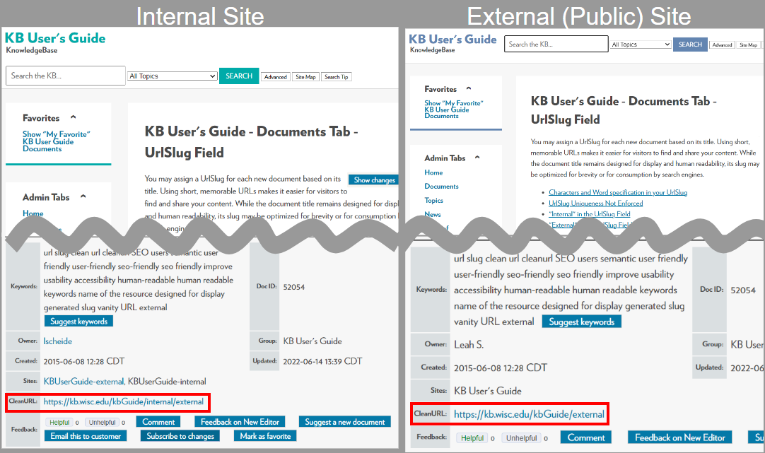 Comparison of internal and external live sites showing a KB document with the clean url external