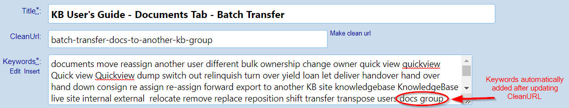 Keywords field including the words docs and group that are in the CleanUrl but not the title