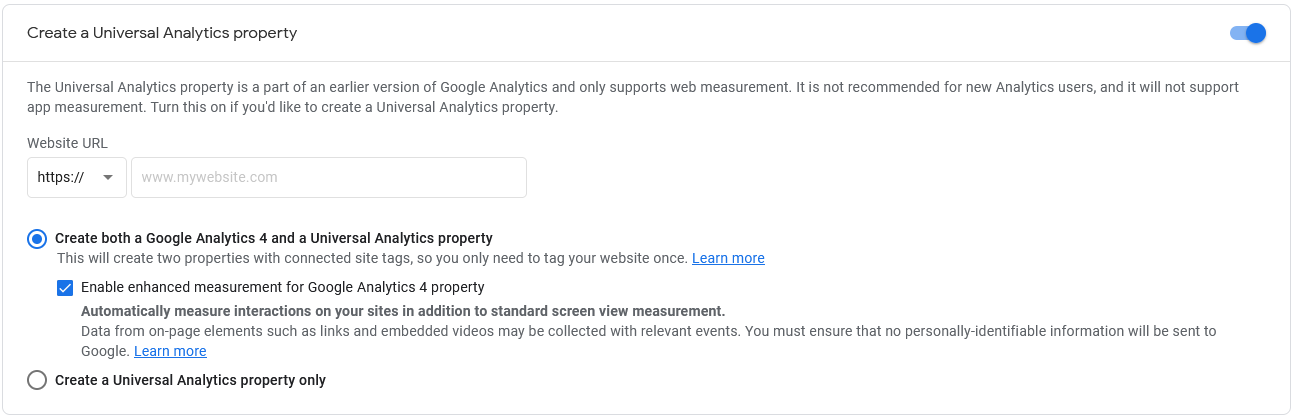 Options for setting up Google Analytics account