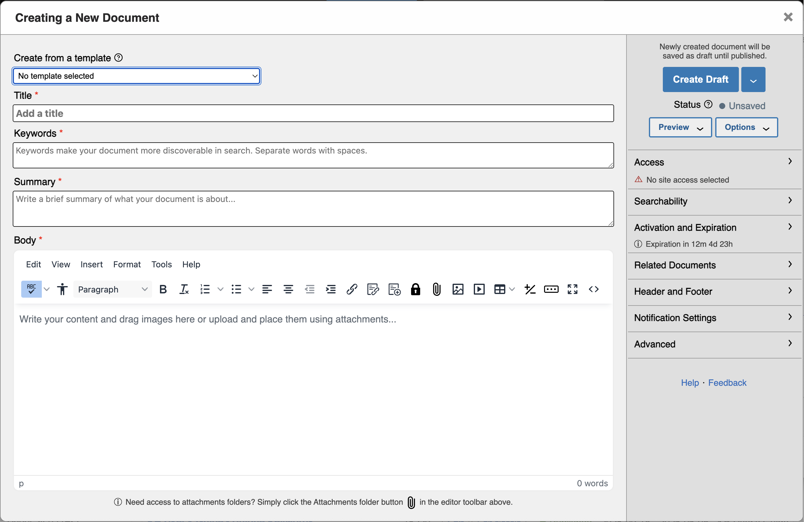 The modal has the title Creating a New Document and contains the main text fields on the left and a side panel on the right.