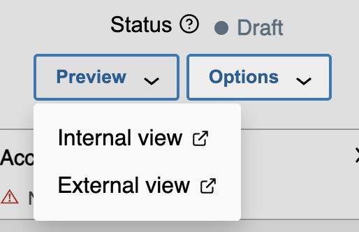 The Preview button is found after the Status section and next to the Options button.