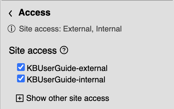 Example of the site access setting with the KB User's Guide external and internal sites both checked.