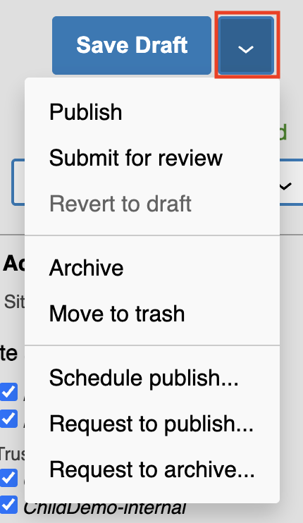 The status dropdown is opened by clicking the More status actions button next to the Save Draft button.