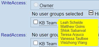 tooltips display user access group members when hovering over a user access group in write access settings