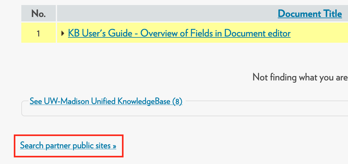 KB live site search results with a highlighted link to search partner public sites in the bottom left