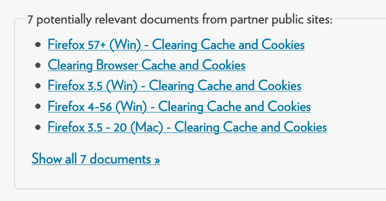 shows a list of links to other potentially relevant documents from partner public site