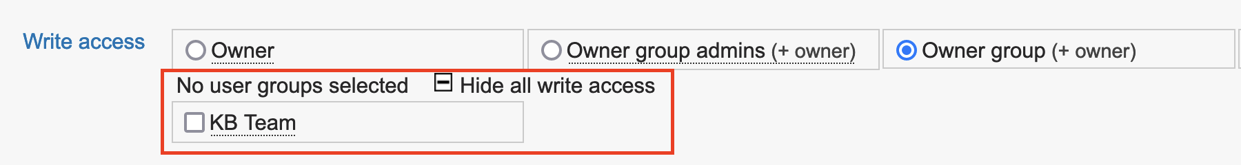 When "Show all write access" is expanded, any existing user access groups or doc-specific authorization groups will appear. The group names will be used to label the checkboxes.