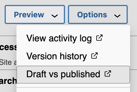 The draft vs published option is the third item in the Options dropdown.