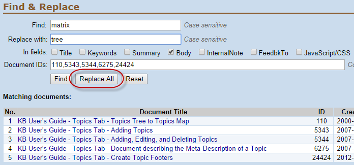 Screenshot showing the text input into the "Find" and "Replace with" fields described above, with the "Replace All" button highlighted