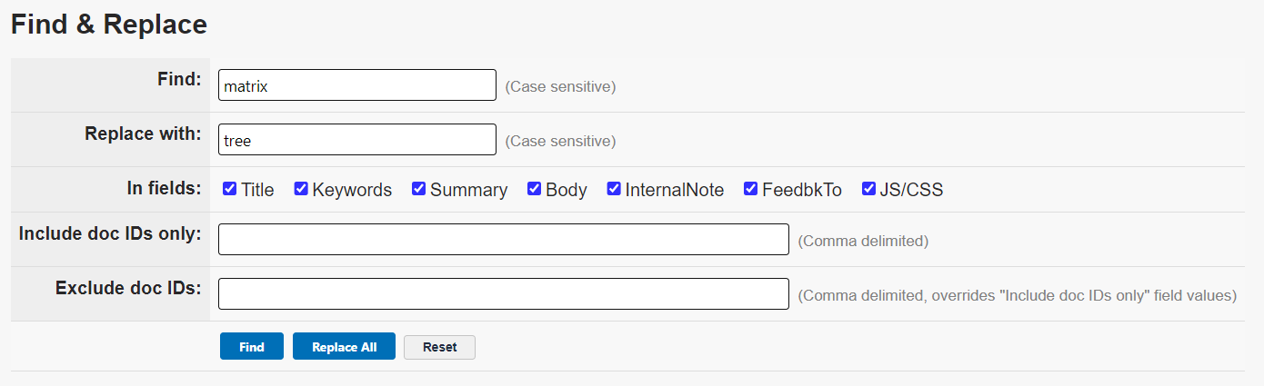 All of the In fields checkboxes are enabled. "matrix" is in the Find field and "tree" is in the Replace with field.