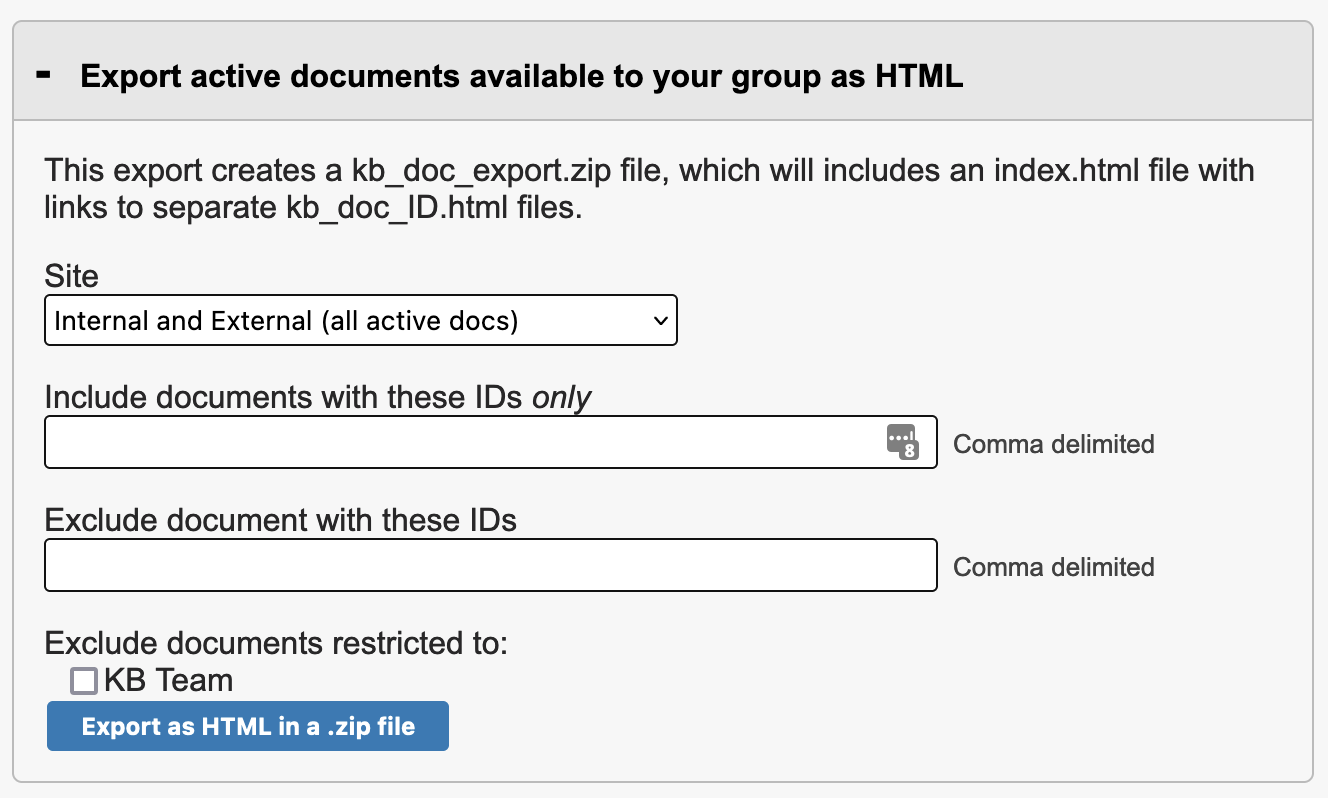 Screenshot of the "Export active documents available to your group as HTML" section