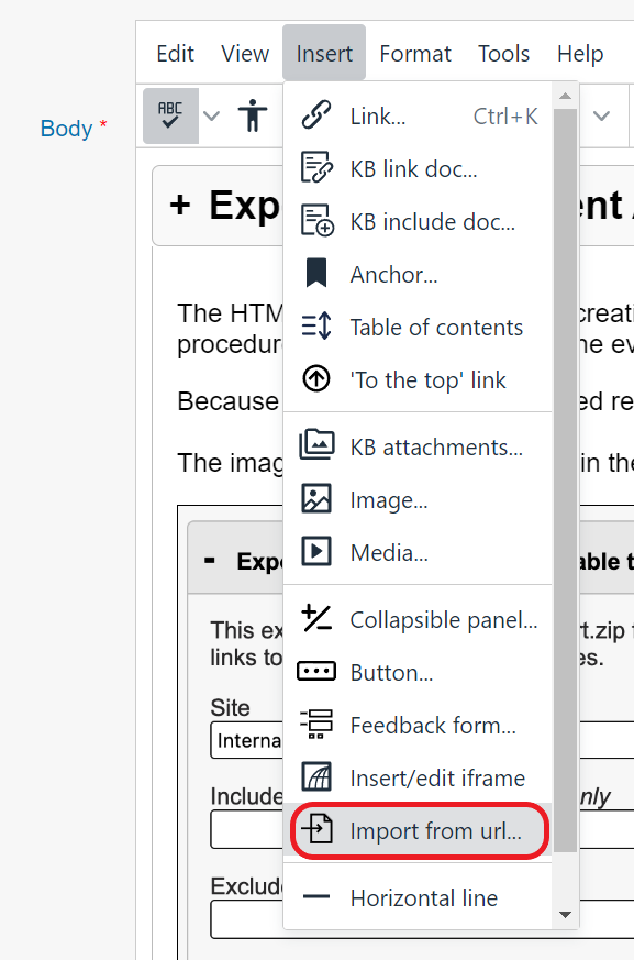 The insert menu in the TinyMCE editor is open and the import from url option is selected and circled in red.