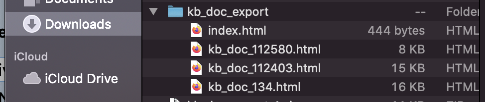 Screenshot showing a Finder window with an exported folder containing an index.html file and multiple kb_doc HTML files referencing different KB doc IDs