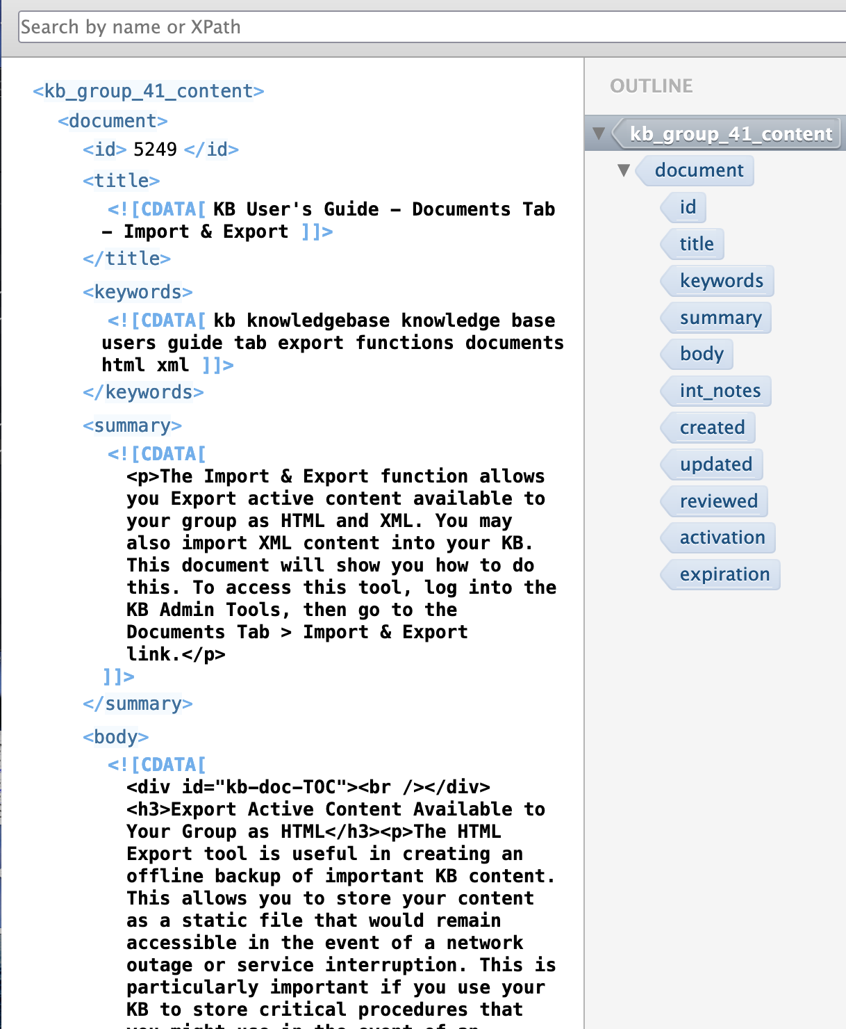 Example of an exported XML file, where the fields have been expanded and the HTML content contained within them can be read.