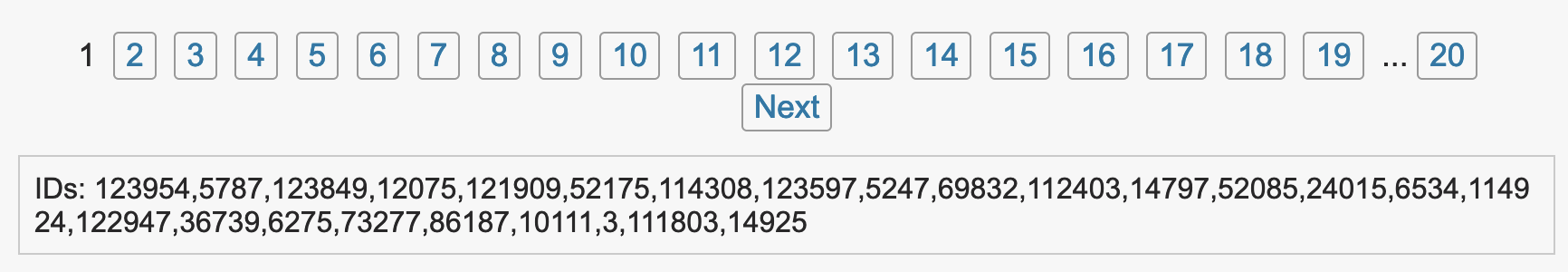 Screenshot showing a list of comma-delimited ID numbers directly below the pagination links for the results