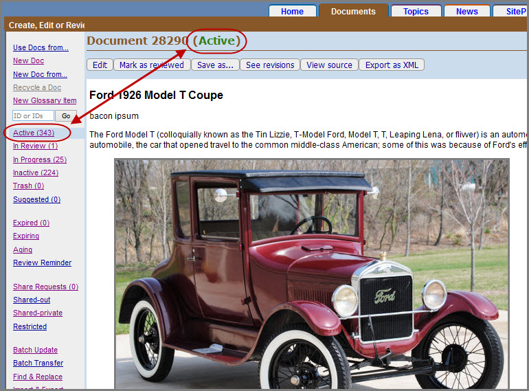 Ford 1926 Model T Coup Document with arrows highlighting the document's active status