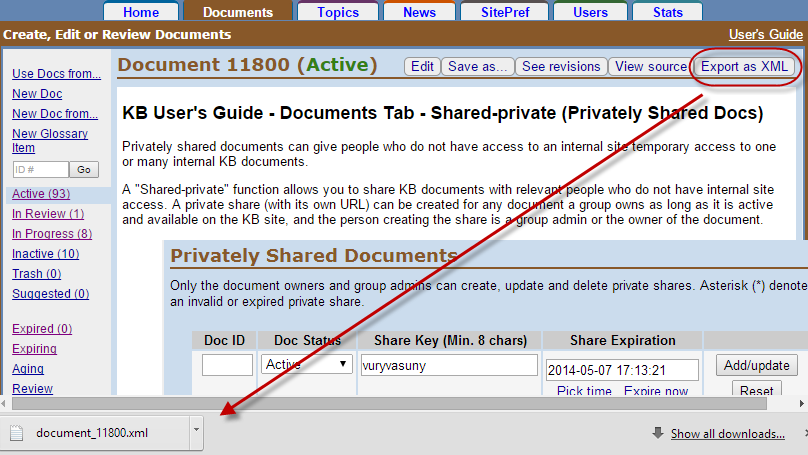 Document Review screen with the Export as XML button circled in red, arrow pointing to the document xml file that has been downloaded