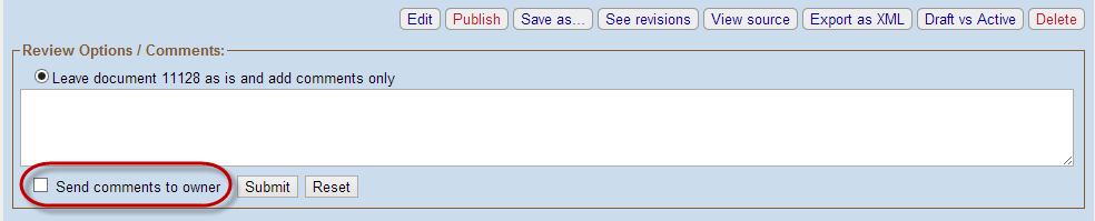 Comment text field, Send comments to owner option circled in red