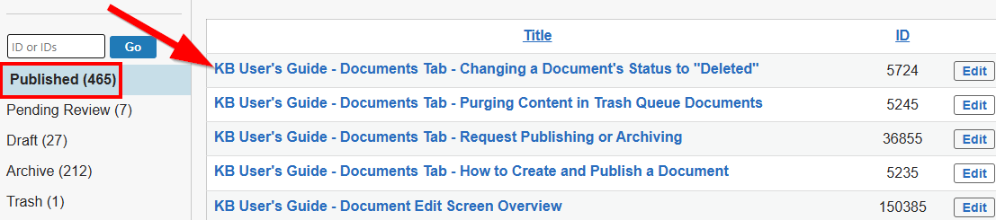 The published documents list is displayed with a red arrow pointing at a document's title