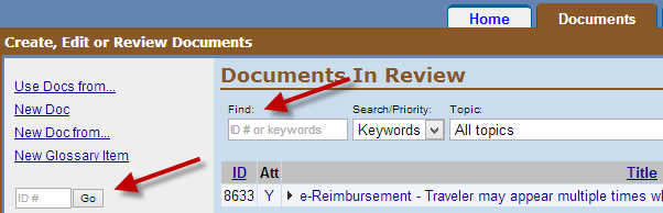 Documents in Review Screen with arrows highlighting fields where you can enter a document id, one in the left nav bar, one in the filtering fields 
