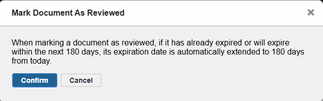 Pop-up image of marking a document as reviewed, with the Confirm and Cancel buttons visible