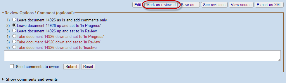 Review Options / Comment screen with the Mark as Reviewed button circled in red
