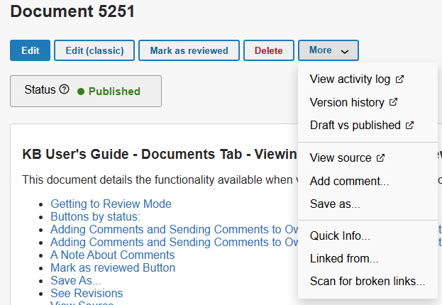 The top section of a published document, with the More option menu displayed