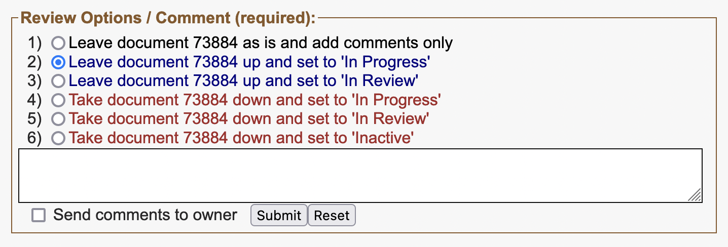 Image of the Review Options/Comments form, which includes options for changing the status while editing as well as entering comments