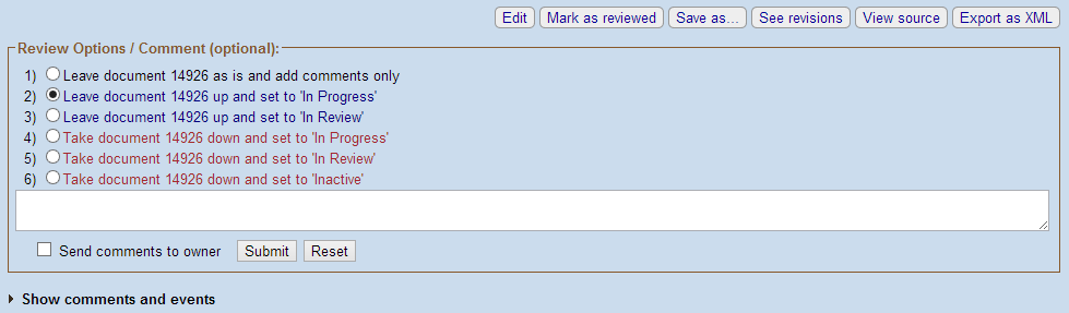 Review Options / Comments screen with the Leave doc up and set to 'In Progress' option selected