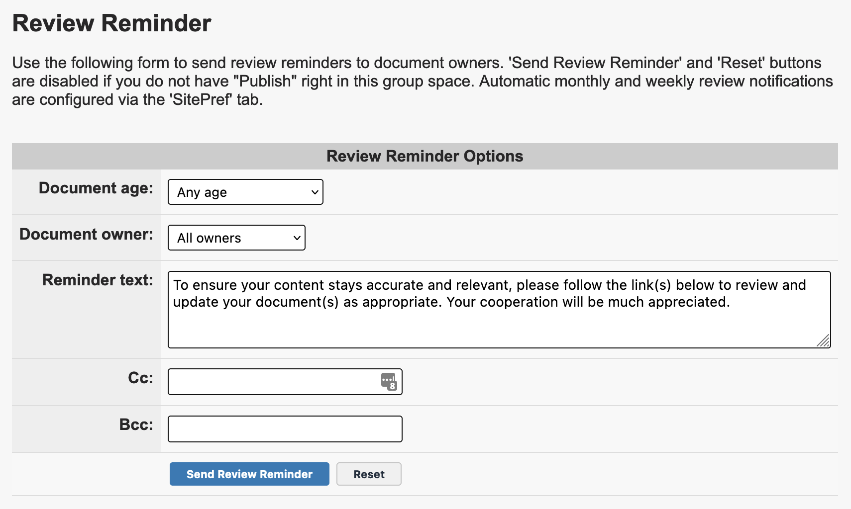 Screenshot of the Review Reminder form in the KB Admin Tools