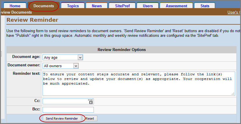 Review Reminder screen in the documents tab of the KB admin tools