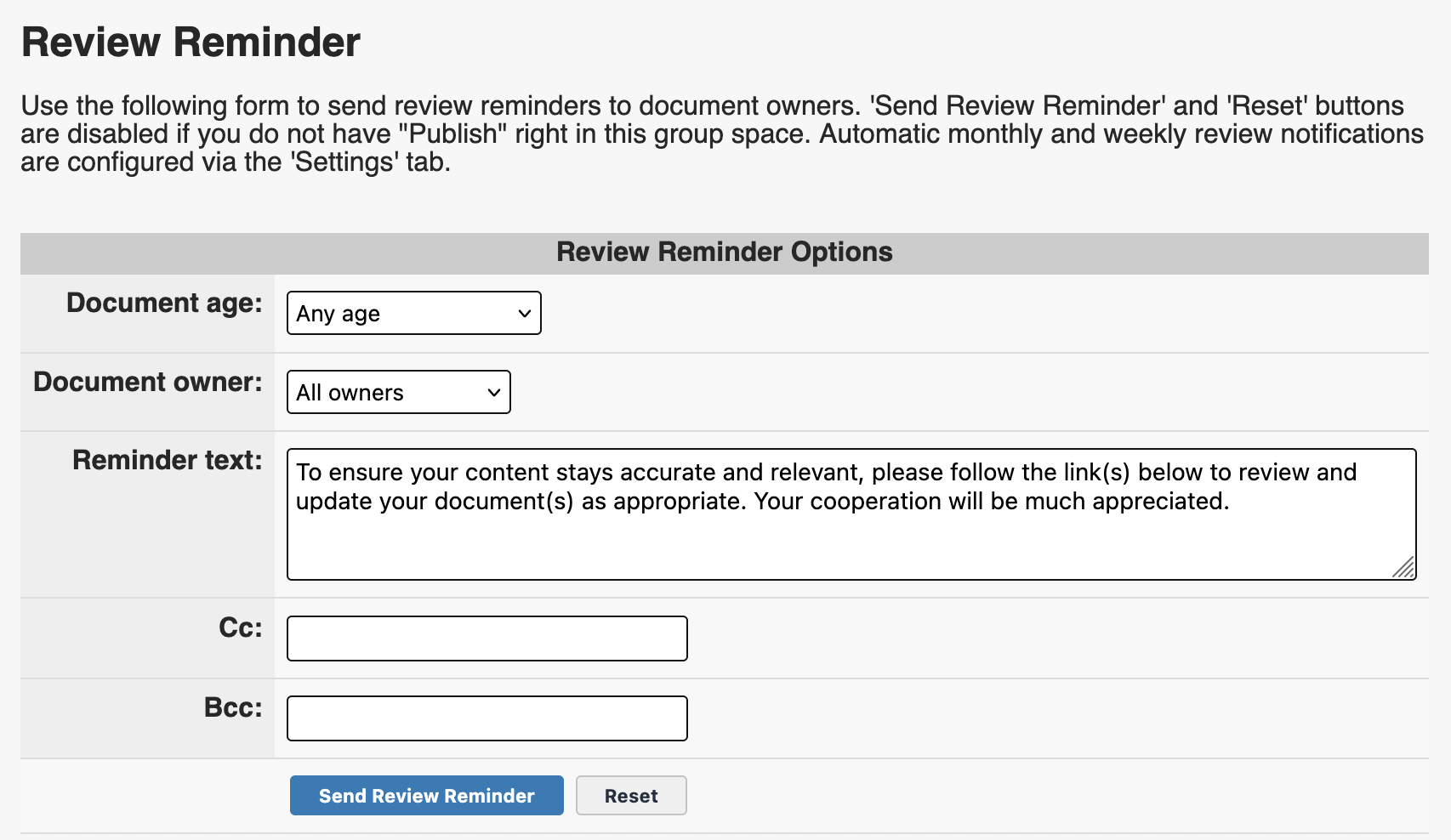 The review reminder screen contains the settings and fields described below