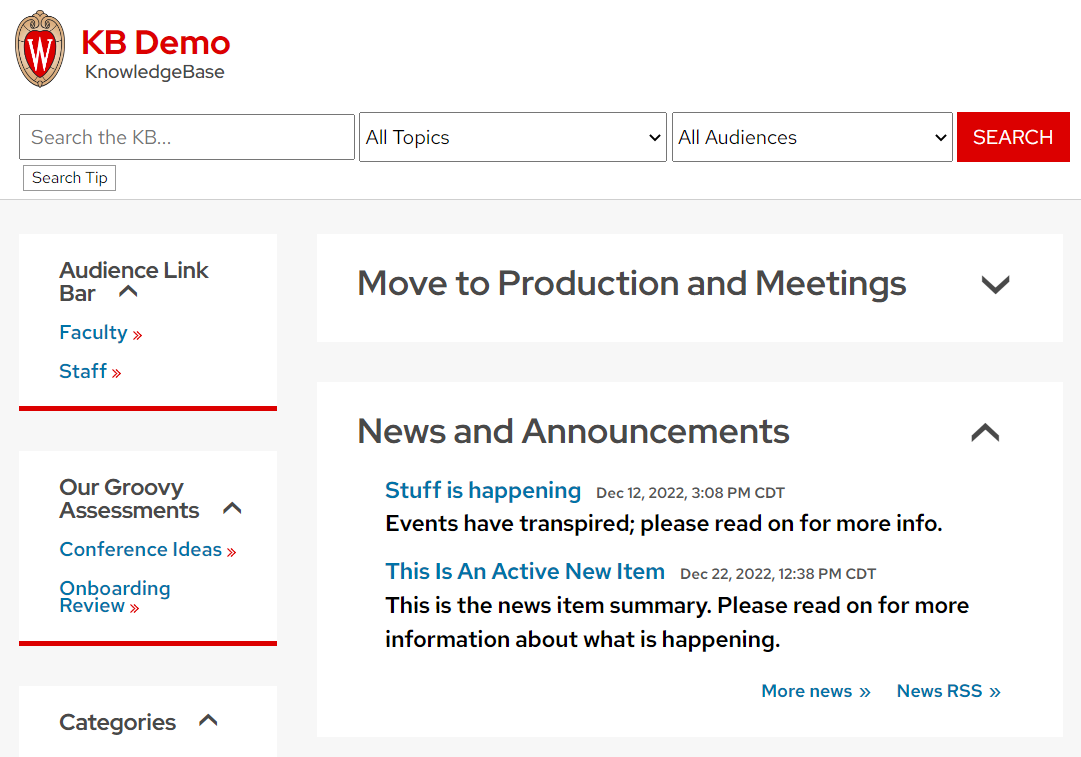 News and Announcements section of the KB Demo homepage.