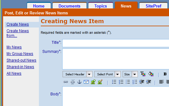 Create News Item screen showing title, summary, and body fields