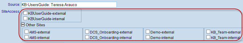 SiteAccess Options showing various KB spaces