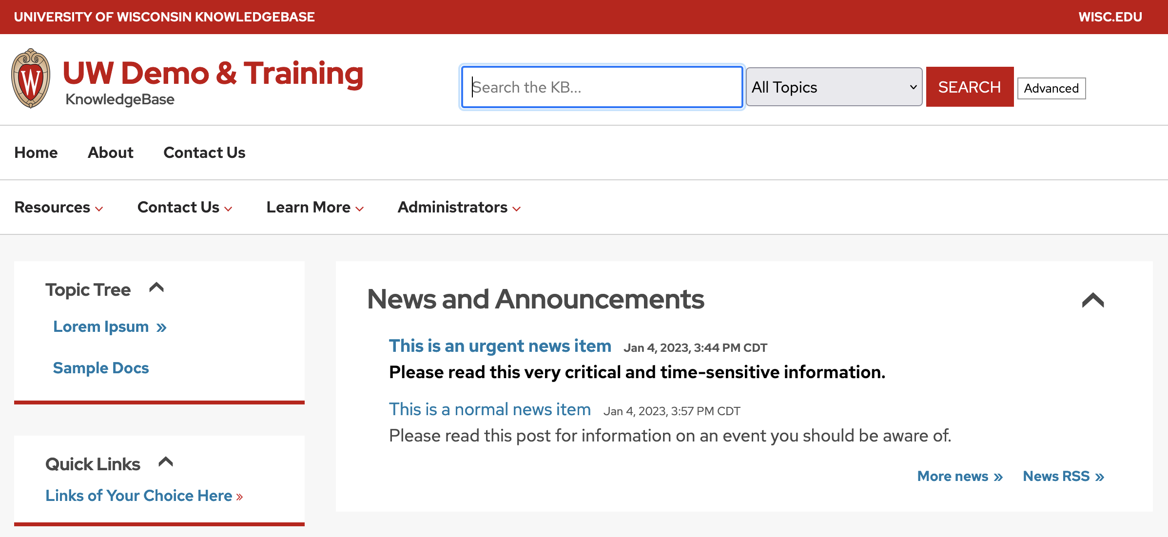 The News content module is named "News and Announcements" and displays News item titles and summaries as links.