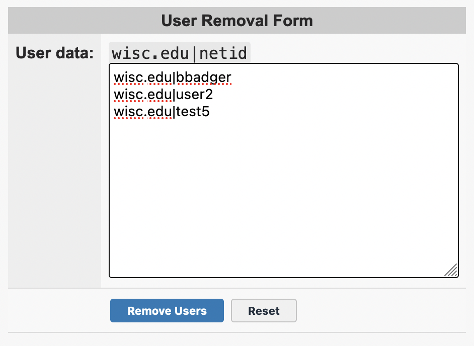 Image of the user removal form, which as three users entered in the format described, with each user being on a different line.