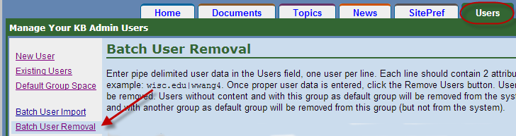 batch user removal screen highlighting the users tab and the link in the left sidebar