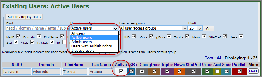 Active users user status dropdown menu options